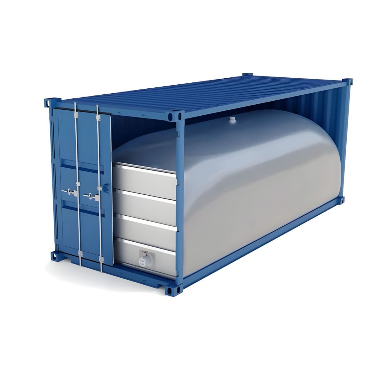 A flexitank is installed inside a shipping container, designed for transporting bulk liquids efficiently.