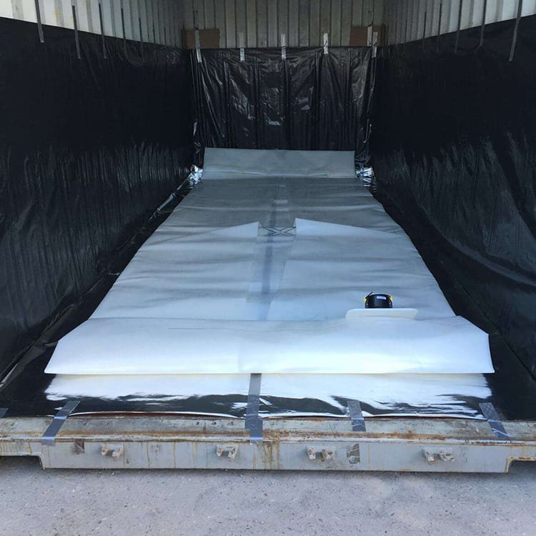 A flexitank positioned and ready for loading, showcasing its large, flexible design for transporting liquids.
